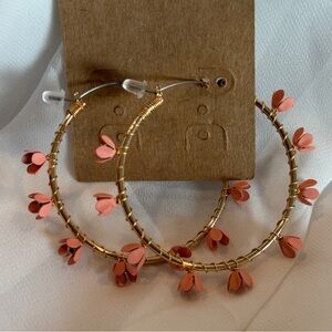 Plunder Gold Hoop Earrings with Coral Pink Petal Charms